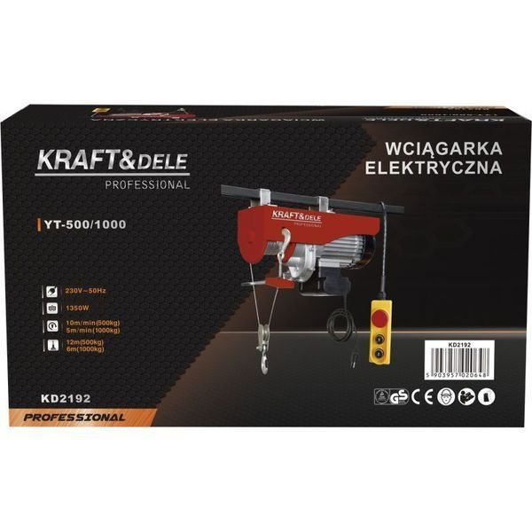 Канатний електротельфер 1350 Вт Kraft&Dele KD2192 на 500/1000 кг, трос 12 м KD-KD2192 фото